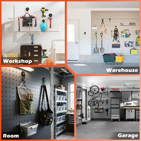Magnetic Hooks 2 Pack Heavy Duty With Anti Slip Coating And Non Slip Bent Design For Garden Tools And Ropes 20 Lb Capacity shown in use in workshop, warehouse, and garage settings.