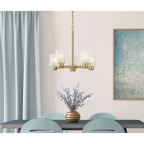 Five Light Indoor Chandelier In Champagne Brass Finish With Frosted Glass For Dining Room Kitchen Or Foyer Sloped Ceiling Mount Totally Chic Centerpiece With 36 Inch Chain And 60 Inch Cord hanging over table