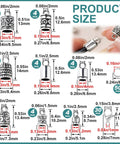 Product size chart showing All In One Tibetan Style Cord End Caps Kit 112 Pcs With Silver End Caps, various sizes and styles