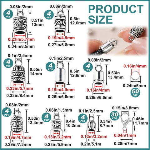 Product size chart showing All In One Tibetan Style Cord End Caps Kit 112 Pcs With Silver End Caps, various sizes and styles