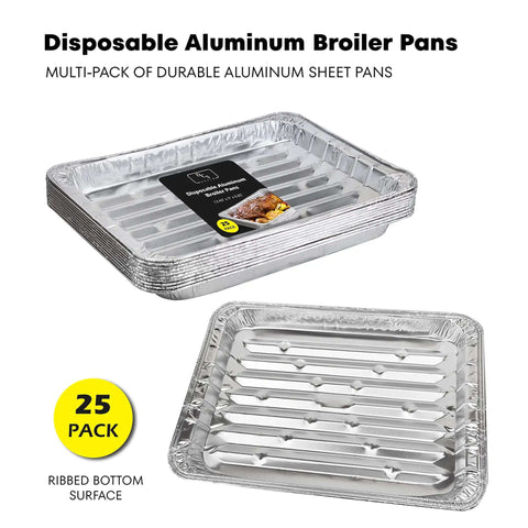 25 Pack Disposable Aluminum Broiler Pans For BBQ And Grilling Durable Ribbed Bottom Surface Pans 13.4 X 9 X 0.85 Inches Epic Value Multi Pack For Drip Pans And Grill Trays - stack of silver pans with ribbed bottom visible