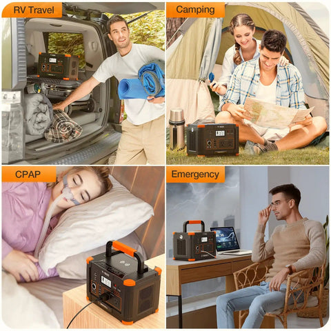 Collage of Off Grid Ready 519Wh Portable Power Station used for RV travel, camping, CPAP, and home emergencies.
