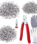 900 Pcs Galvanized Hog Rings Three Quarters Inch One Half Inch Three Eighths Inch Assorted Kit With Pliers and gloves displayed