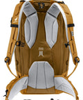 Back view of 30L Ski Tour and Mountaineering Backpack built for powder days with weatherproof breathable fabric in cinnamon almond color.