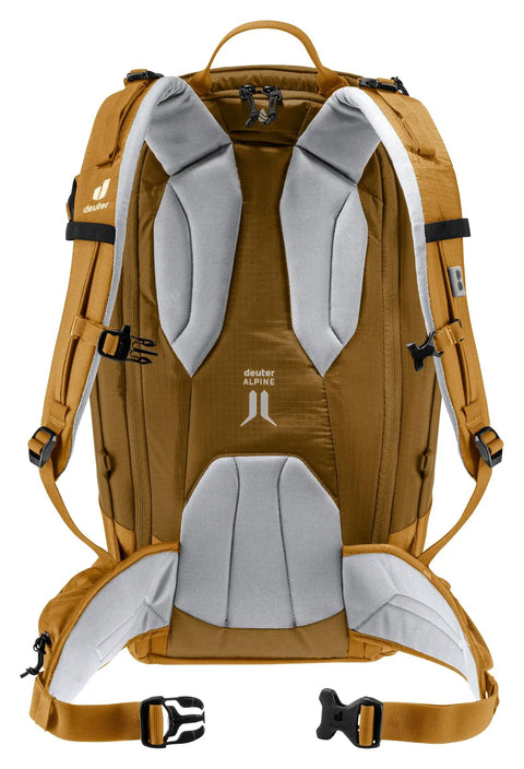Back view of 30L Ski Tour and Mountaineering Backpack built for powder days with weatherproof breathable fabric in cinnamon almond color.
