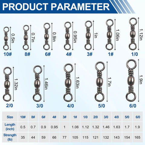 Barrel Swivels Set for Freshwater and Saltwater Fishing, 50/100 Pcs Rolling Ball Swivels With Solid Ring Copper and Stainless Steel, Black Nickel Coated, Heavy Duty Tackle Connector, 35 to 165 Lb Test size chart