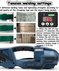 DFEDHF Battery Powered Electric Strapping Machine For Pallet Packaging showing tension welding settings and adjustments.