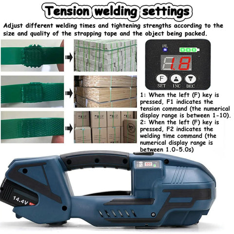 DFEDHF Battery Powered Electric Strapping Machine For Pallet Packaging showing tension welding settings and adjustments.