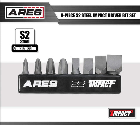 Eight Piece S2 Steel Impact Driver Bit Set With Phillips 1 2 3 4 And Slotted One Quarter Five Sixteenth Three Eighth And One Half Inch Bits In Durable Plastic Holder For Heavy Duty Automotive And Construction Projects shown in holder