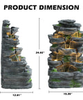 Outdoor 7 Tier Cascading Rock Water Fountain With Six LED Lights For Garden Patio Yard Decor shown from side and front