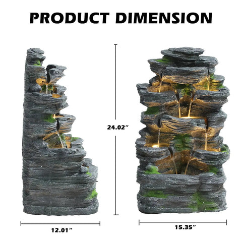 Outdoor 7 Tier Cascading Rock Water Fountain With Six LED Lights For Garden Patio Yard Decor shown from side and front