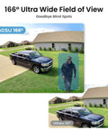 166-degree view with Solar Wireless Outdoor Security Camera System 4-Cam Kit With 2K QHD Video capturing driveway and vehicle.