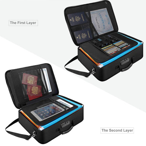 Fireproof Document Case With Lock Mega Size File Organizer Bag for A3 and A4 Papers showing multi-layer storage compartments