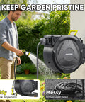 Man using heavy duty retractable garden hose reel with wall mount, 110 feet hose and brass fittings, tidy and mess examples.