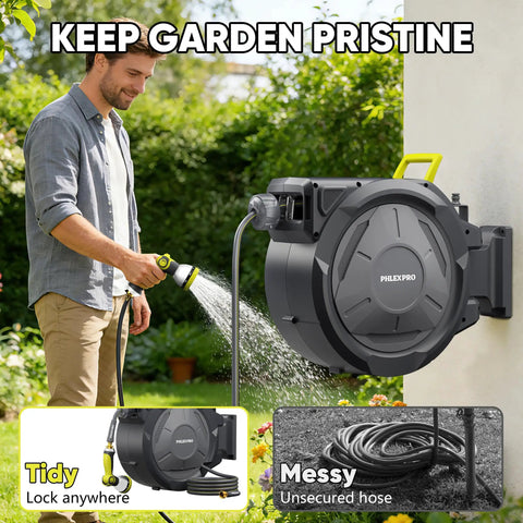 Man using heavy duty retractable garden hose reel with wall mount, 110 feet hose and brass fittings, tidy and mess examples.