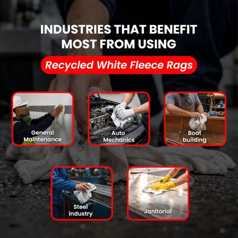 Industries benefiting from recycled white fleece cleaning rags: maintenance, auto, boat building, steel, janitorial