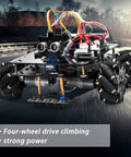 Front view of OSOYOO robotic car kit with mecanum wheels, metal chassis and exposed wiring.