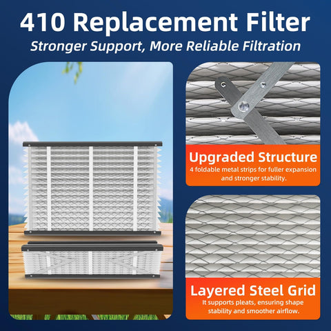 2 Pack 410 Replacement Air Filter MERV 11 16x25x4 Nominal Size For HVAC Furnace Upgrade Keeps Your Home Air Fresh Fits 4400 3410 2416 2410 1610 1410 Models Actual Size 16x28x4 with metal support grid and expanded view of the filter structure.