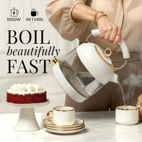 High Temperature Control Electric Kettle With 1500W Rapid Boil And Keep Warm Function Glass Body BPA Free Design White And Gold Finish