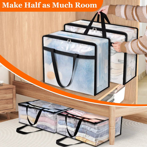 6 Pack Clear Storage Bags For Comforters, Clothes And Bedding With Zipper And Reinforced Handles, Easy Moving, Closet Organization