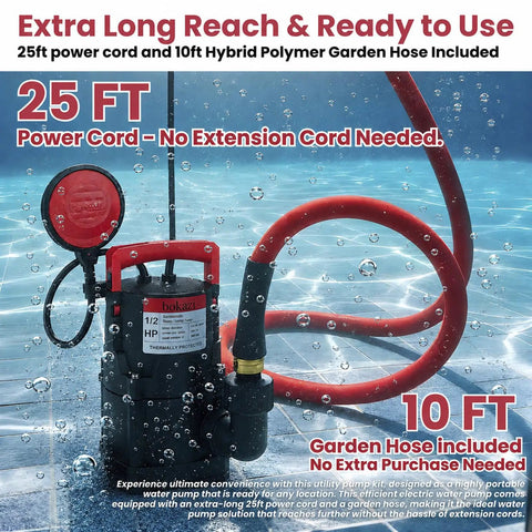 Tough As Nails Automatic Submersible Sump Pump With Float Switch Dumps Basements Fast Works Like A Charm Includes 10 Ft Hose, shown in water with 25 ft power cord.