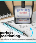 Built Hella Tough Heavy Duty Self Inking Date Stamp Featuring Dual Blue And Red Roller Ink on an invoice with blue pen.