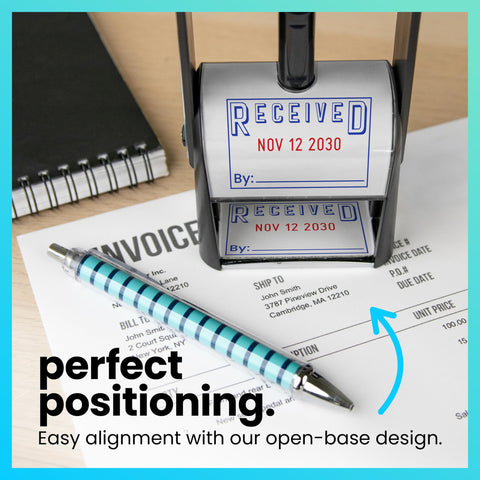 Built Hella Tough Heavy Duty Self Inking Date Stamp Featuring Dual Blue And Red Roller Ink on an invoice with blue pen.