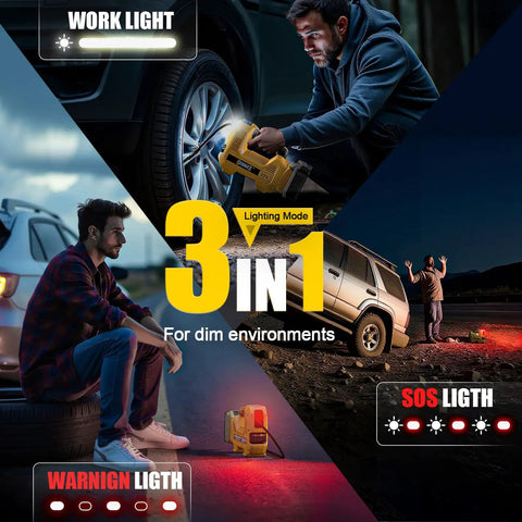 Hella Fast Cordless Tire Inflator With Auto Shut Off And Precision Digital Pressure Gauge Hits 160 PSI showing 3-in-1 lighting modes.