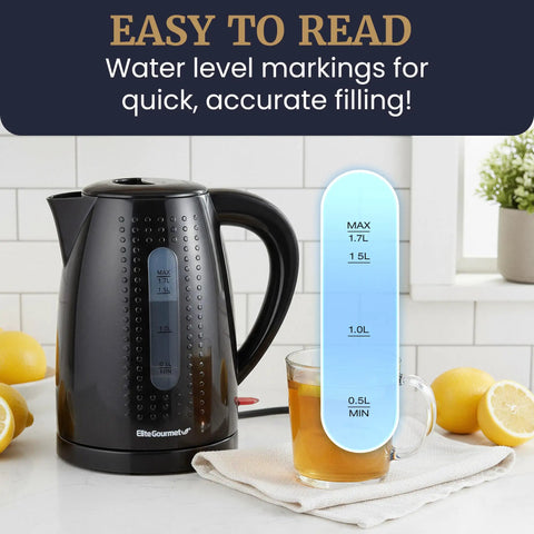 Black 1.7L Electric Kettle With No Fuss Fast Boil BPA Free Auto Shutoff Boil Dry Protection 360 Degree Swivel Cordless Base