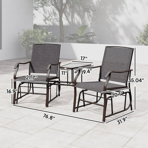 Two Seat Outdoor Glider Chairs With Coffee Table For Patio Backyard And Porch Breathable Sling Seats Gray, dimensions shown