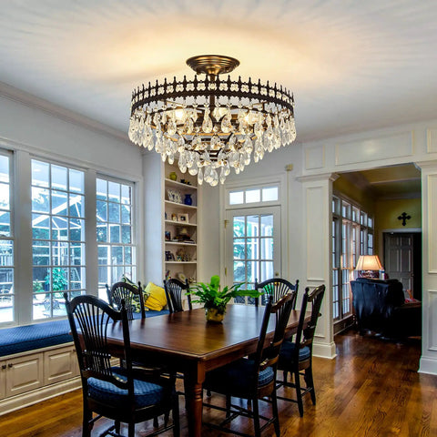 5-Light Modern Crystal Chandeliers Dope Matte Black Semi-Flush Mount Ceiling Light Fixture illuminating a farmhouse dining room