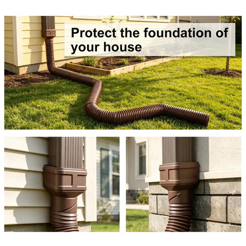 7ft Gutter Downspout Extension Flexible Pipe for Rainwater Drainage, 3 Inch Outer Diameter, installed on home, brown color