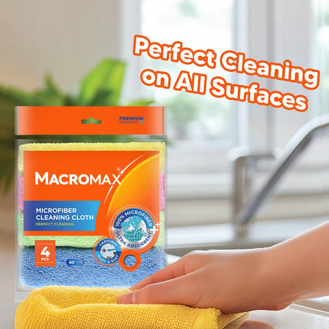 MacroMax microfiber cleaning cloths, 4-pack in assorted colors in clear packaging.