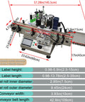 Hustle Ready High Speed Round Bottle Labeling Machine For Cosmetics Food And Drinks With Desktop Conveyor and Catch Tray dimensions and features diagram.