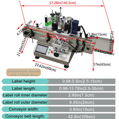 Hustle Ready High Speed Round Bottle Labeling Machine For Cosmetics Food And Drinks With Desktop Conveyor and Catch Tray dimensions and features diagram.