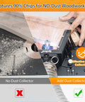 Comparison of router table with and without dust collection system for router lift, showing clear acrylic top and effective dust capture.