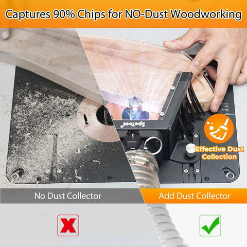 Comparison of router table with and without dust collection system for router lift, showing clear acrylic top and effective dust capture.