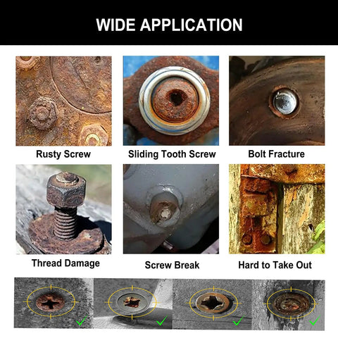 Examples of damaged screws, rusty bolts, and thread wear for use with Beast-Ready Heavy Duty 26 Piece CR-MO Screw Extractor Set.