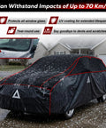 All Weather Hail Protector Car Cover for SUVs 182 to 190 Inches shielding SUV from hail, showcasing black cover with red trim