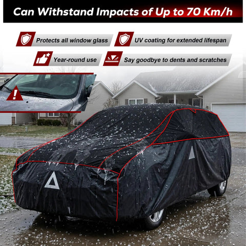 All Weather Hail Protector Car Cover for SUVs 182 to 190 Inches shielding SUV from hail, showcasing black cover with red trim