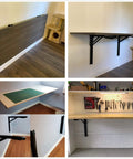 Collage of heavy duty folding shelf brackets for wall mounted tables and shelves in home, garage, shop, RV, office.