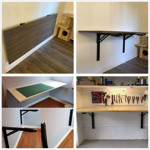 Collage of heavy duty folding shelf brackets for wall mounted tables and shelves in home, garage, shop, RV, office.