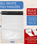 White Poly Mailers 14.5x19 Inches Self Sealing Non Padded Shipping Bags Bulk 500 Pack For Clothing Durable Water Resistant And Tear Resistant Courier Envelopes Ideal For Ecommerce And Dropshipping displayed with label printing examples