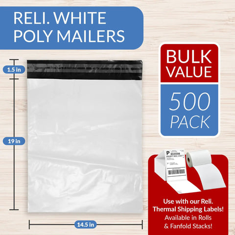 White Poly Mailers 14.5x19 Inches Self Sealing Non Padded Shipping Bags Bulk 500 Pack For Clothing Durable Water Resistant And Tear Resistant Courier Envelopes Ideal For Ecommerce And Dropshipping displayed with label printing examples