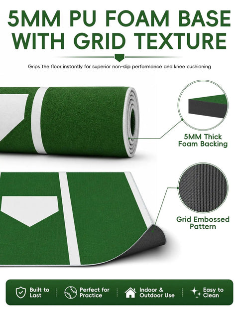 5mm PU foam base with grid texture on 4 By 6.5 Ft Baseball Hitting Mat With Home Plate For Backyard Practice In Garage Or Batting Cage