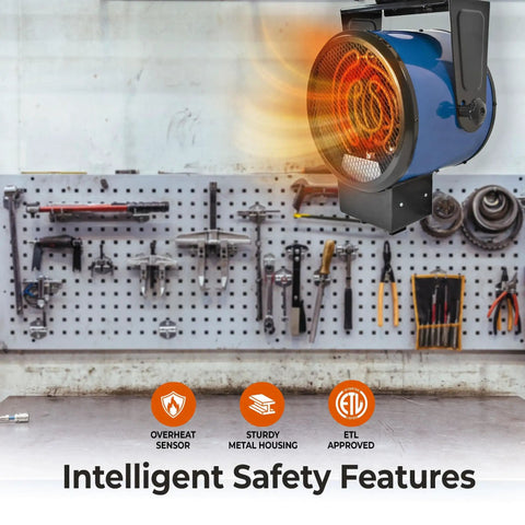 Industrial Ceiling Mounted Garage Heater 5300W 240V Hard Wired Unit with steel body and adjustable thermostat in a workshop.