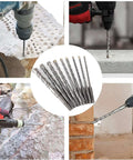 12mm x 200mm carbide-tipped masonry drill bits set; collage shows drilling concrete, brick and stone.