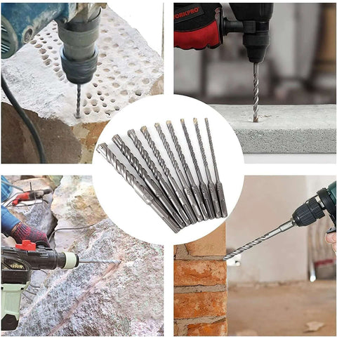 12mm x 200mm carbide-tipped masonry drill bits set; collage shows drilling concrete, brick and stone.