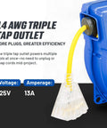 14 AWG triple tap outlet on 40 Ft Extension Cord Reel With 14 AWG 3 Conductor SJTOW Heavy Duty Power Cable Slow Retract