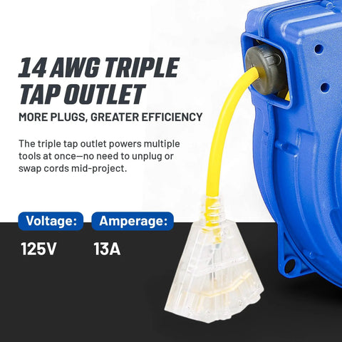14 AWG triple tap outlet on 40 Ft Extension Cord Reel With 14 AWG 3 Conductor SJTOW Heavy Duty Power Cable Slow Retract